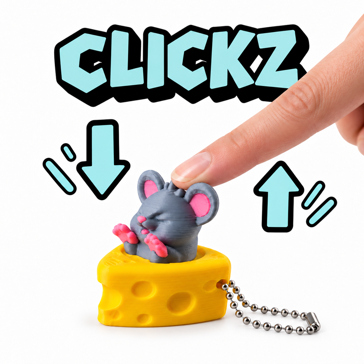 Vinger drukt op de kop van een grijze Clickz muis in gele kaas met balletjesketting; pijlen tonen de op-en-neergaande beweging."
