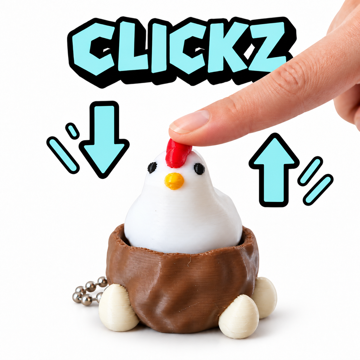 "Vinger drukt op de rode kam van een witte Clickz kip in een bruin nest; pijlen tonen de op-en-neergaande beweging."