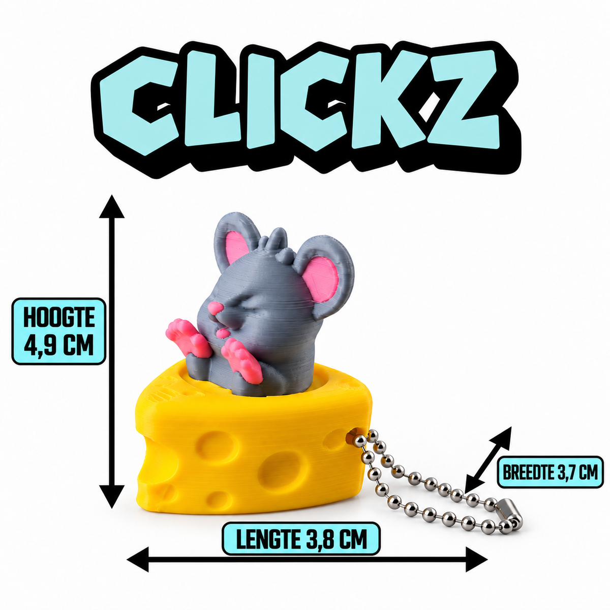 aClickz grijze muis in gele kaas met balletjesketting: hoogte 4,9 cm, lengte 3,8 cm en breedte 3,7 cm.