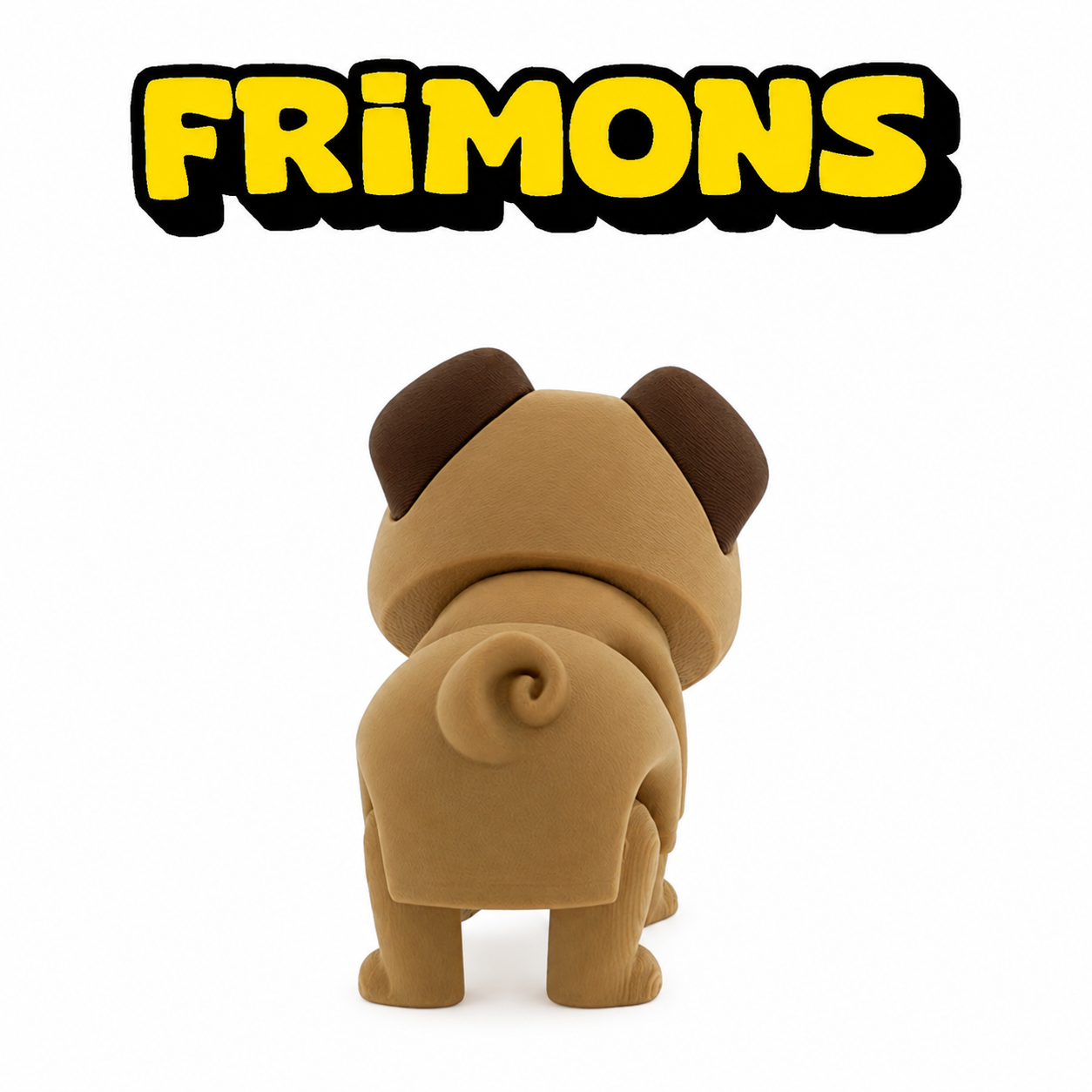 Achteraanzicht van een bruine Frimon-mops met donkere oren en een gekrulde staart.