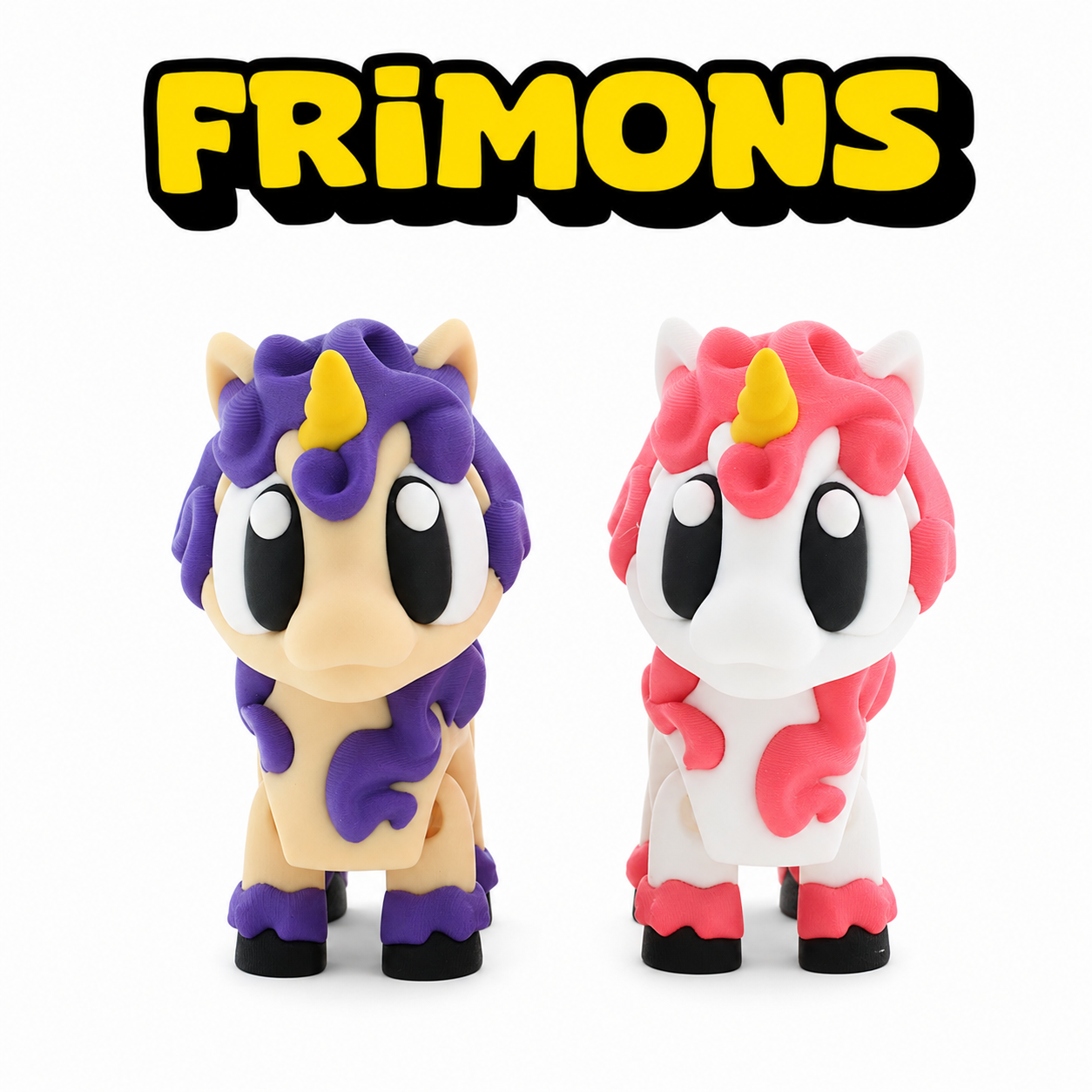 Emma en Evy, twee eenhoornfiguren in paars en roze