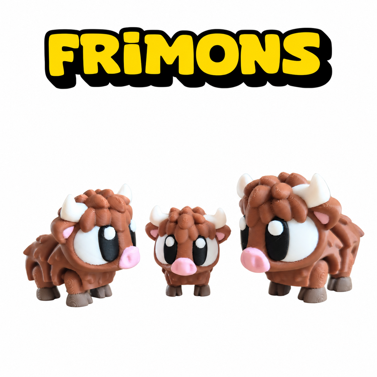 Hennie, Harrie en Henkie Hooglander samen onder het Frimons-logo, met bruine vacht, witte hoorns en roze snuiten