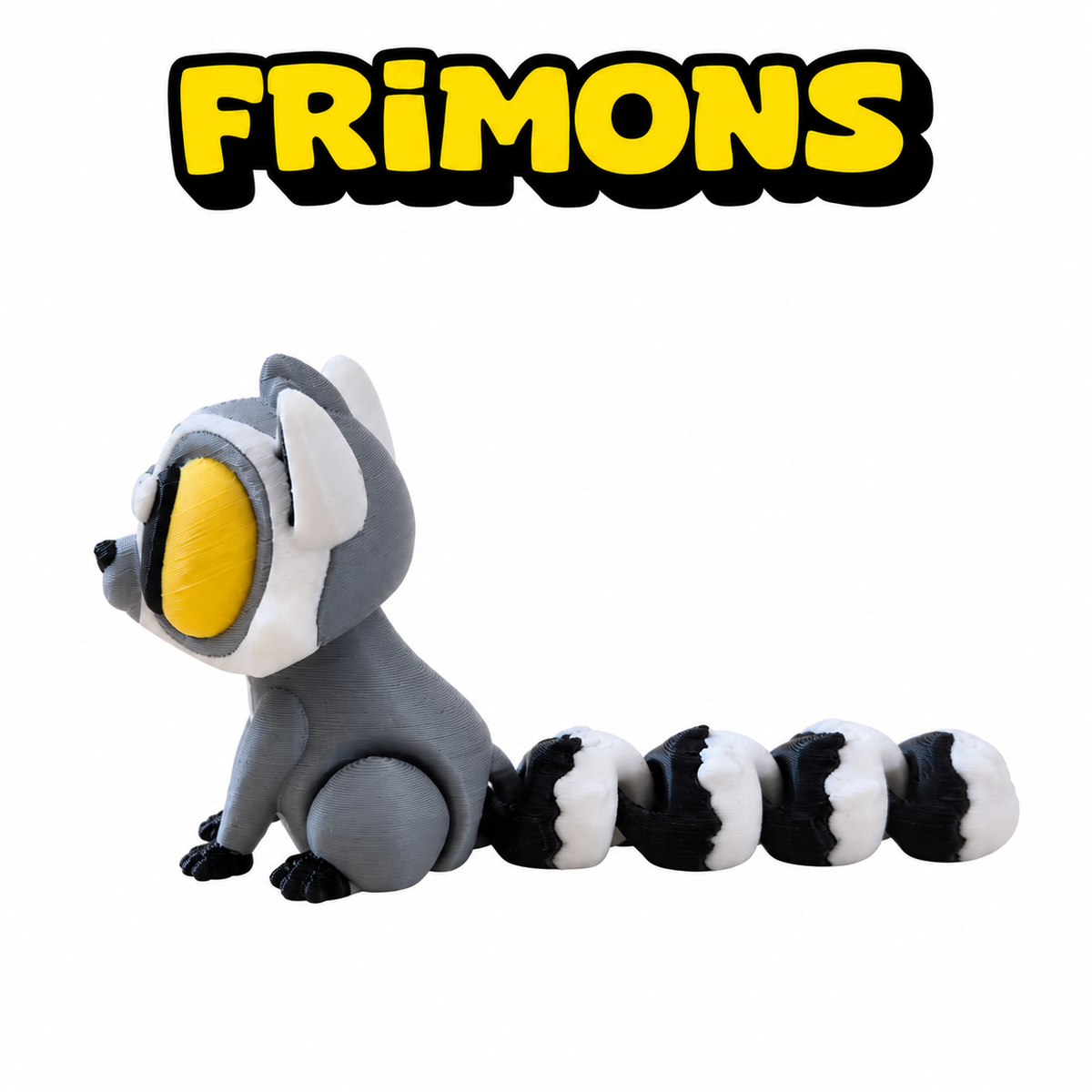Grijze Frimons-maki van opzij, met lange zwart-witgestreepte staart.