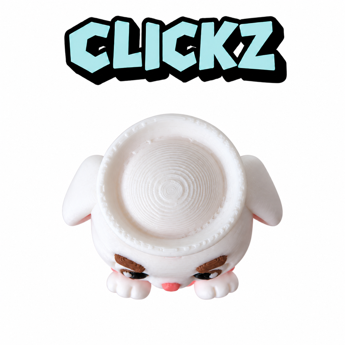 Clickz-verpleegkundig konijntje van boven, met de ronde bovenkant van het witte mutsje.