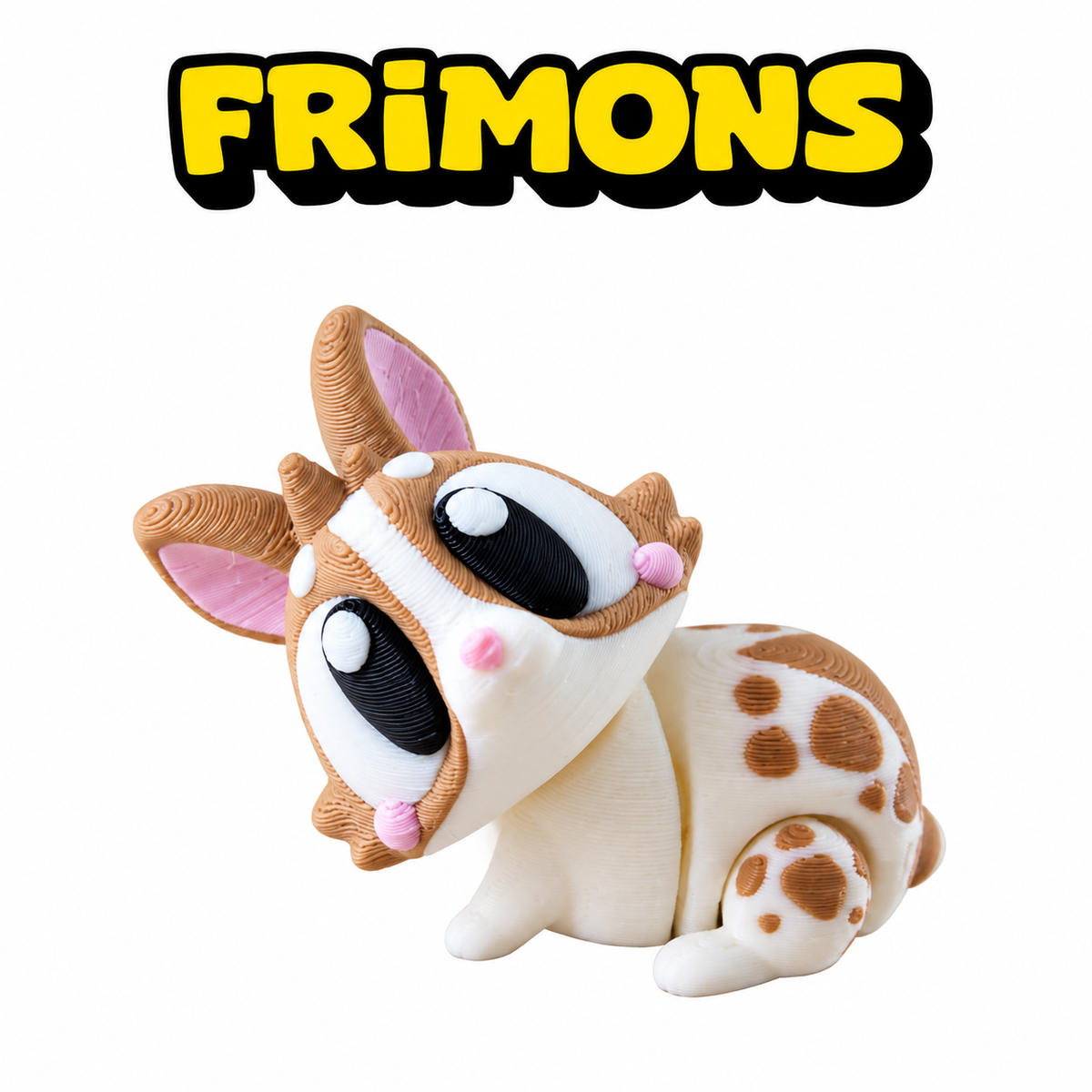 Bruin-wit Frimons-konijn met gevlekte vacht, lange oren en schuin gehouden kop.