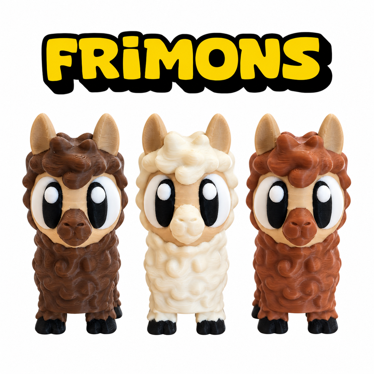 Alvie, Alba en Alma Alpaca: drie Frimons-alpaca's in bruin, crème en roodbruin naast elkaar.