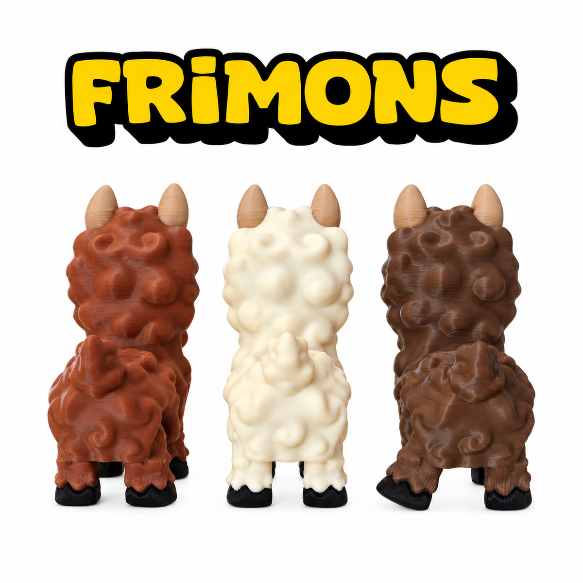 Drie Frimons-alpaca's in roodbruin, crème en bruin, van achteren.