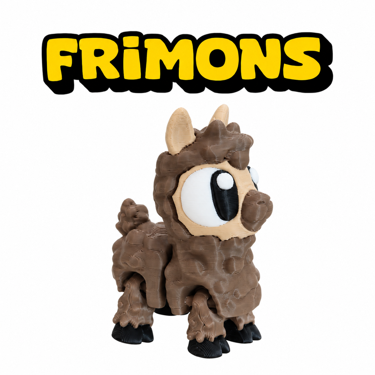 Bruine Frimons-alpaca met gekrulde vacht, staand van opzij.