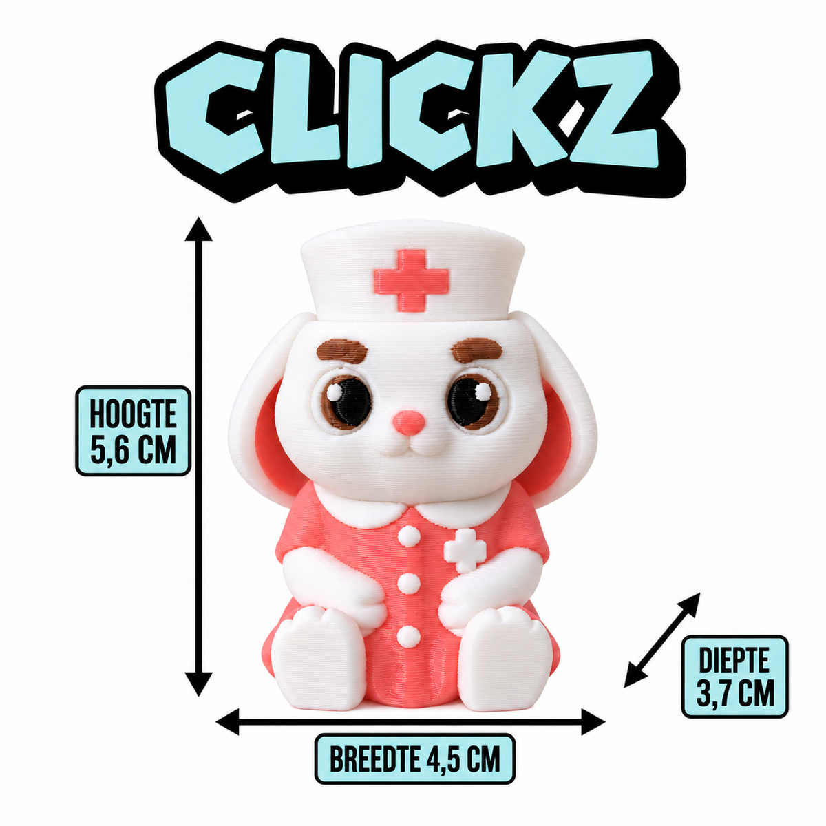 Clickz-verpleegkundig konijntje met maatlijnen: 5,6 cm hoog, 4,5 cm breed en 3,7 cm diep.