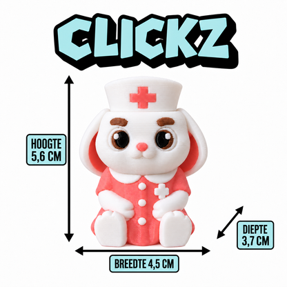Clickz-verpleegkundig konijntje met maatlijnen: 5,6 cm hoog, 4,5 cm breed en 3,7 cm diep.