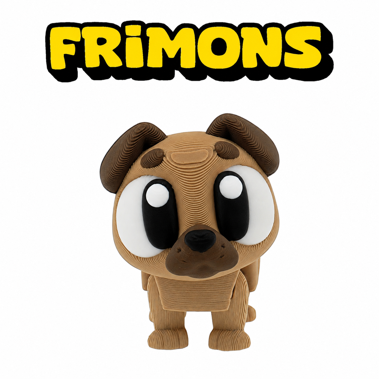 Vooraanzicht van een bruine Frimon-mops met grote ogen, donkere oren en een bruine snuit.