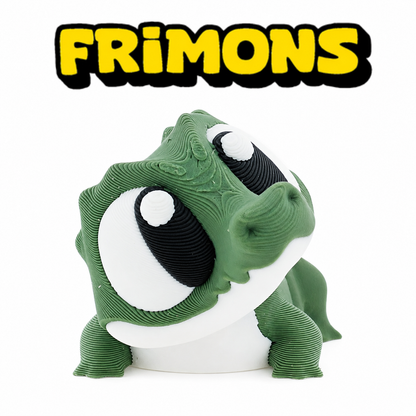 Groen krokodilfiguur met grote ogen, close-up van voren