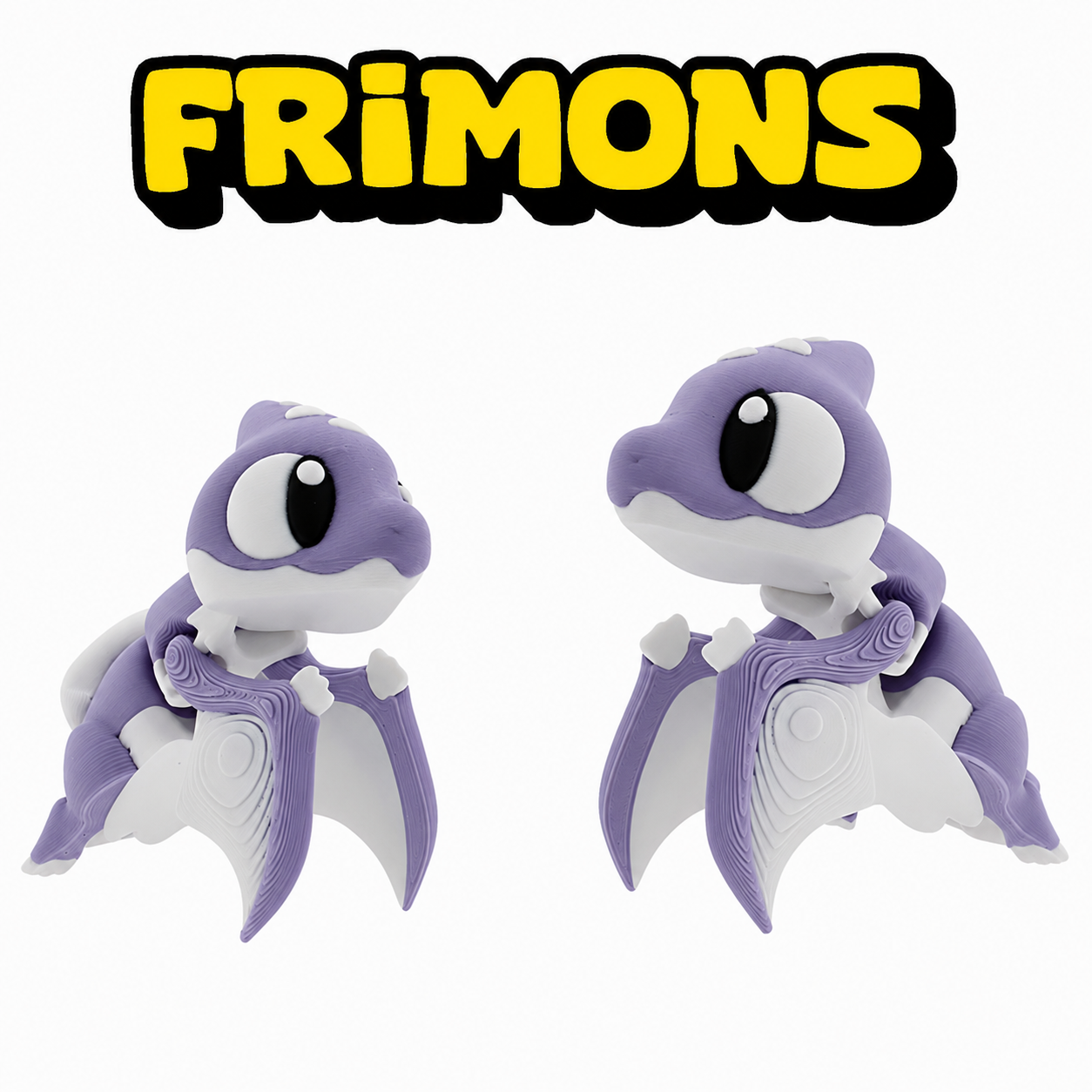 Pim en Pia, twee paarse Pteranodonfiguren rechtop van voren