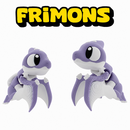 Pim en Pia, twee paarse Pteranodonfiguren rechtop van voren
