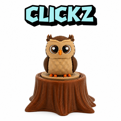 Bruine Clickz-uil met grote ogen op een boomstronk onder het Clickz-logo.