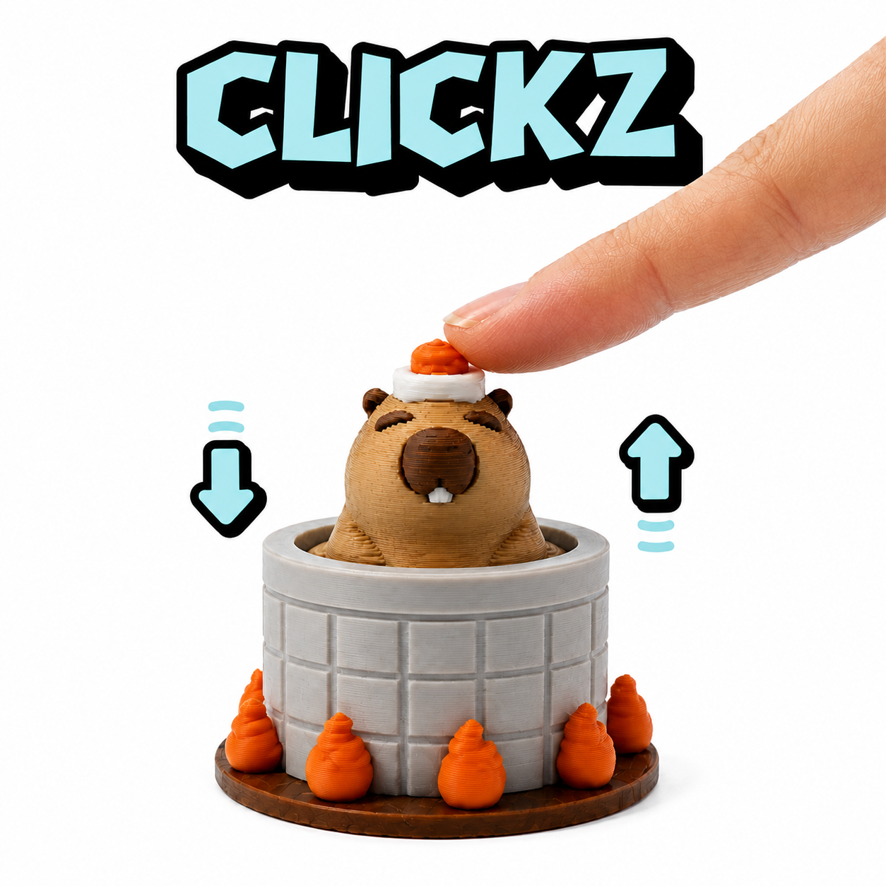 Bruine Clickz-capybara in een grijze hottub met oranje drukknop en pijlen voor de op-en-neergaande beweging.