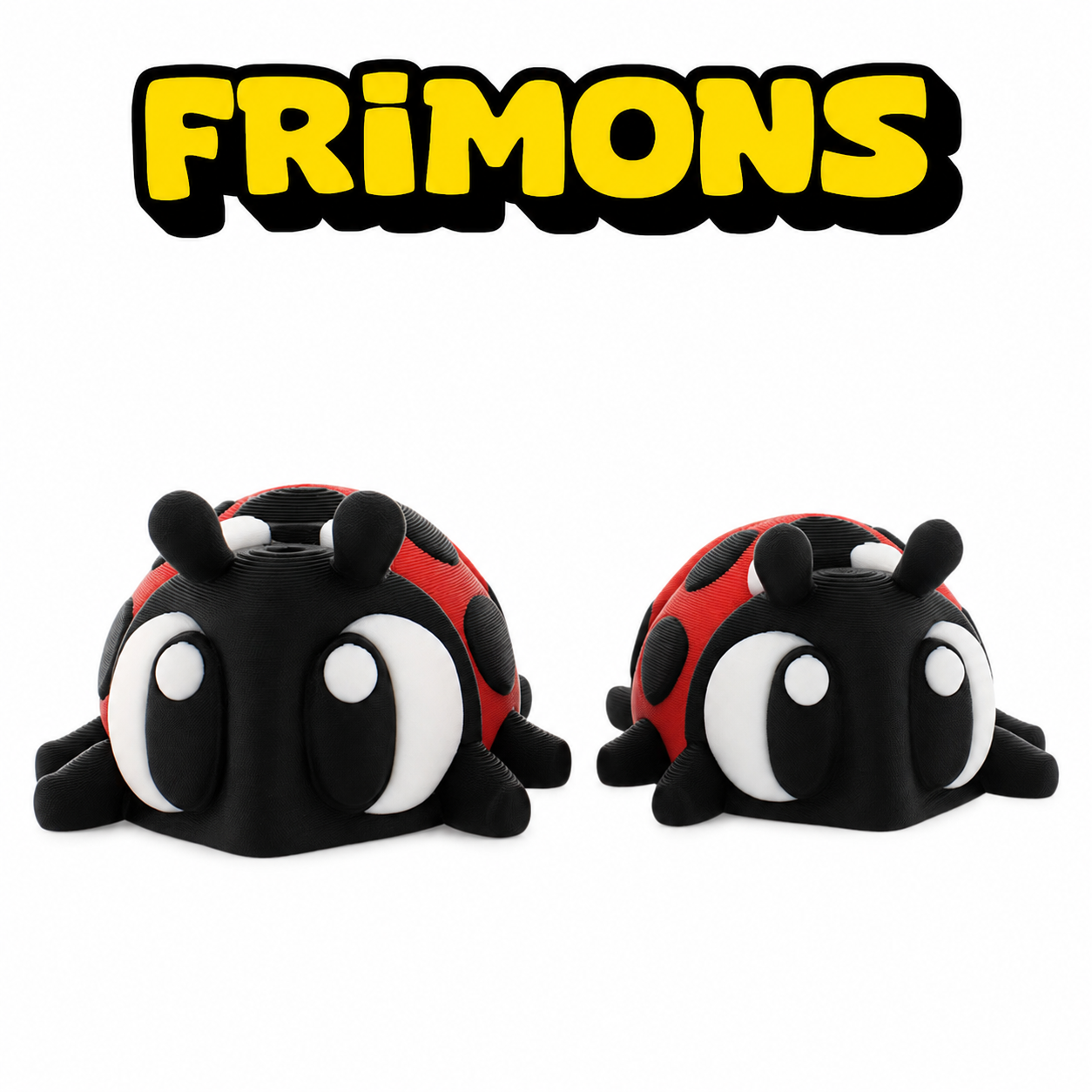 Lieke en Lola uit Frimonia samen in vooraanzicht, twee rood-zwarte Frimons met grote ogen.
