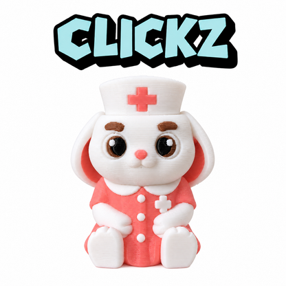 Wit Clickz-konijntje in roze verpleeguniform met een rood kruis op het mutsje, van voren.