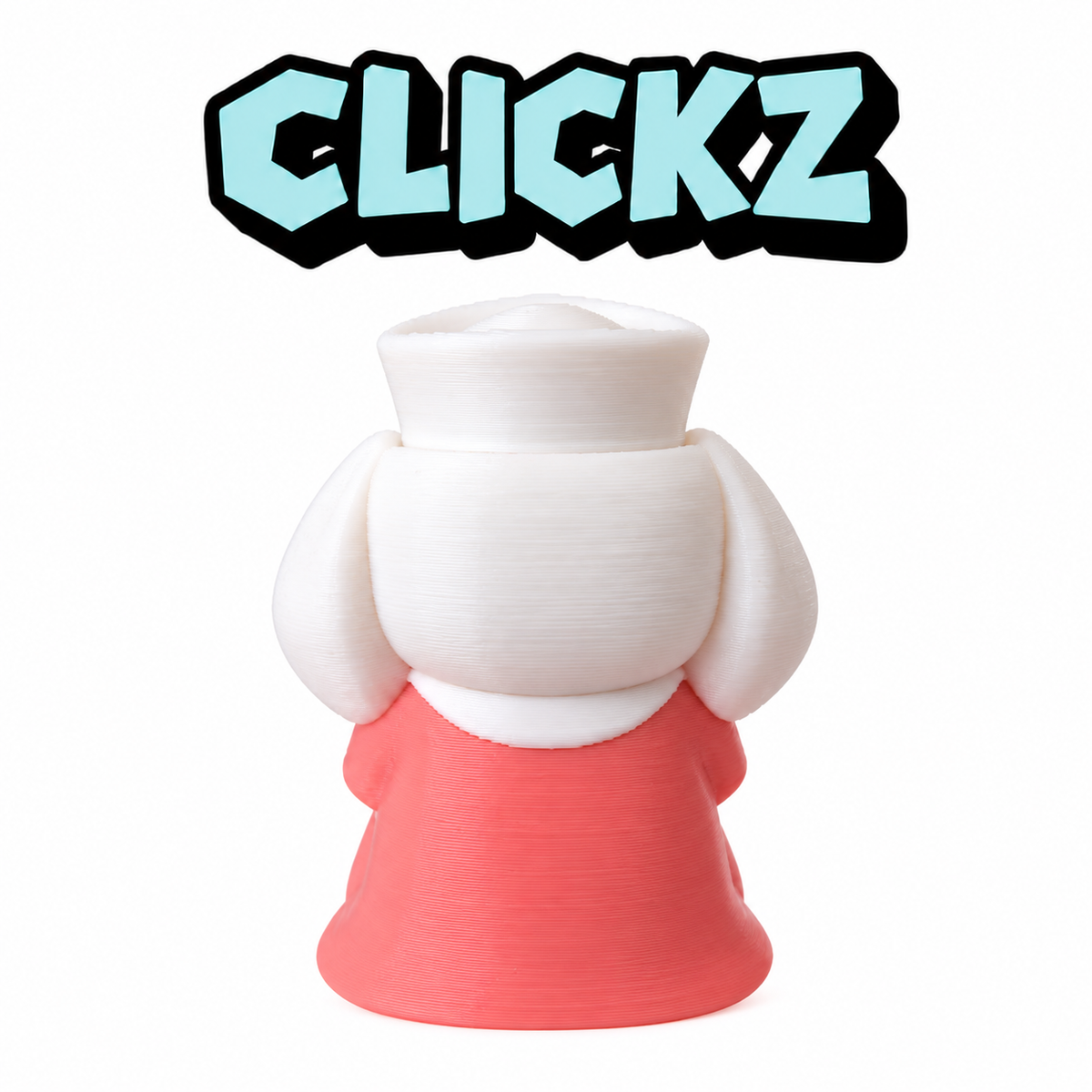 Achterkant van het Clickz-verpleegkundig konijntje met witte hangoren en roze uniform.