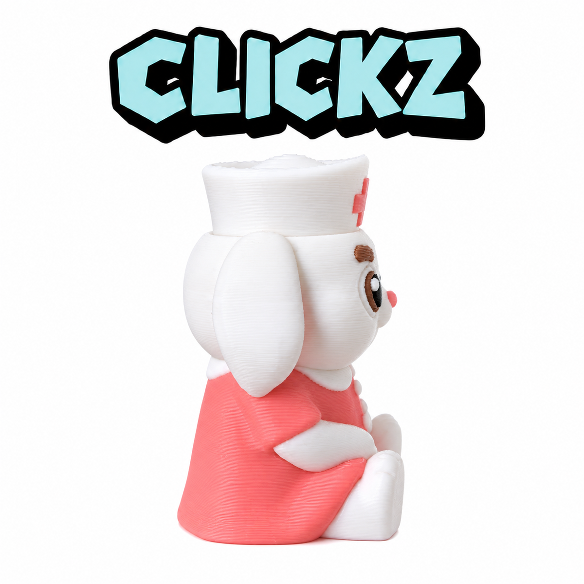 Clickz-verpleegkundig konijntje met witte hangoren en roze uniform, van opzij.