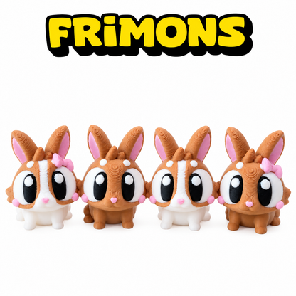 Koen, Klaas, Karin en Klaartje Konijn: vier bruine en bruin-witte Frimons-konijnen naast elkaar.