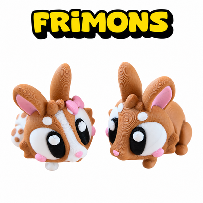 Twee Frimons-konijnen met roze strikjes, van schuin boven gezien.