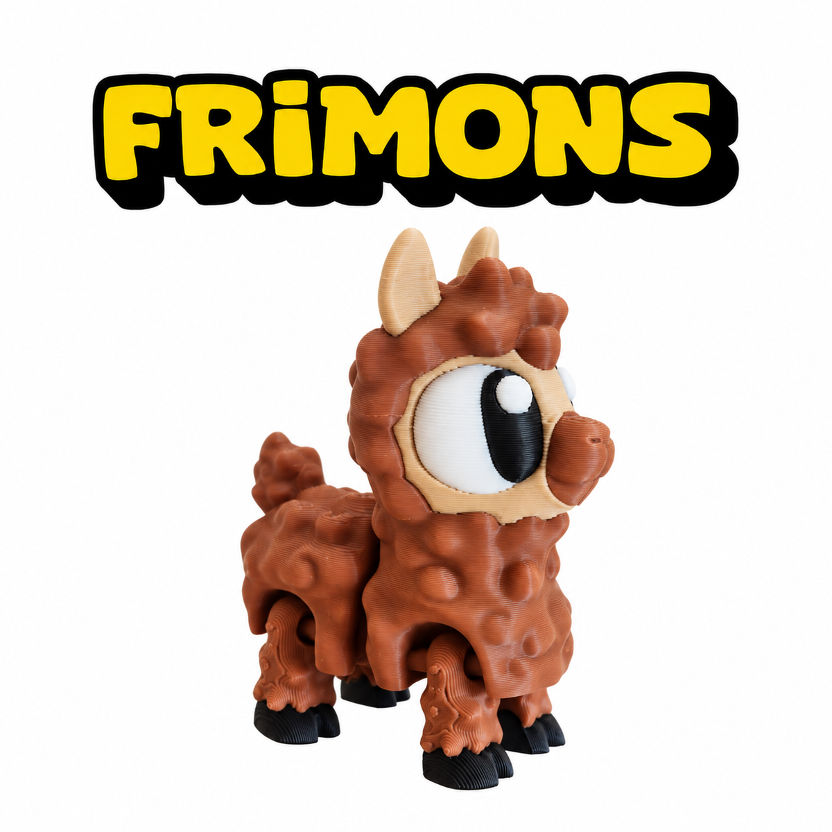 Roodbruine Frimons-alpaca met gekrulde vacht, staand van opzij.